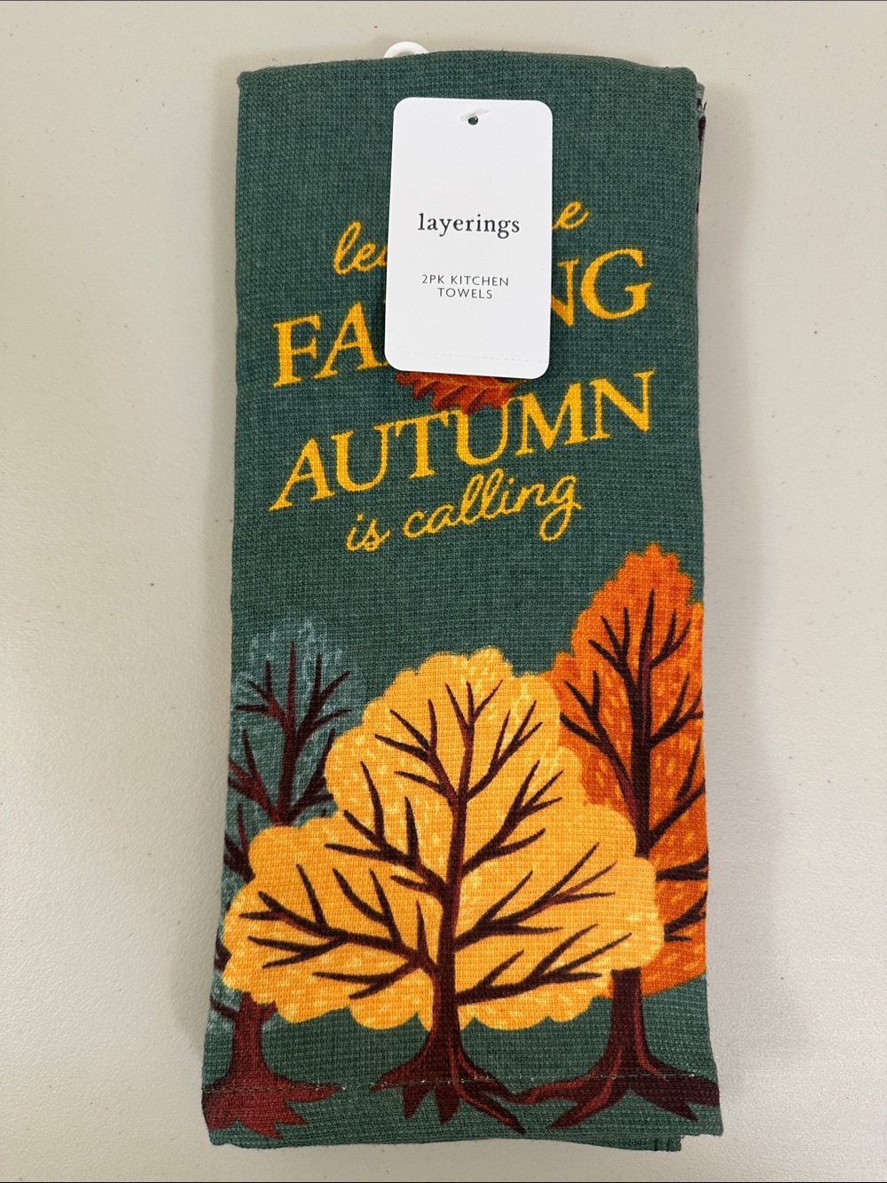 Autumn Leaves Teal Green Kitchen Towel Set of 2 - Seasonal Tree Design